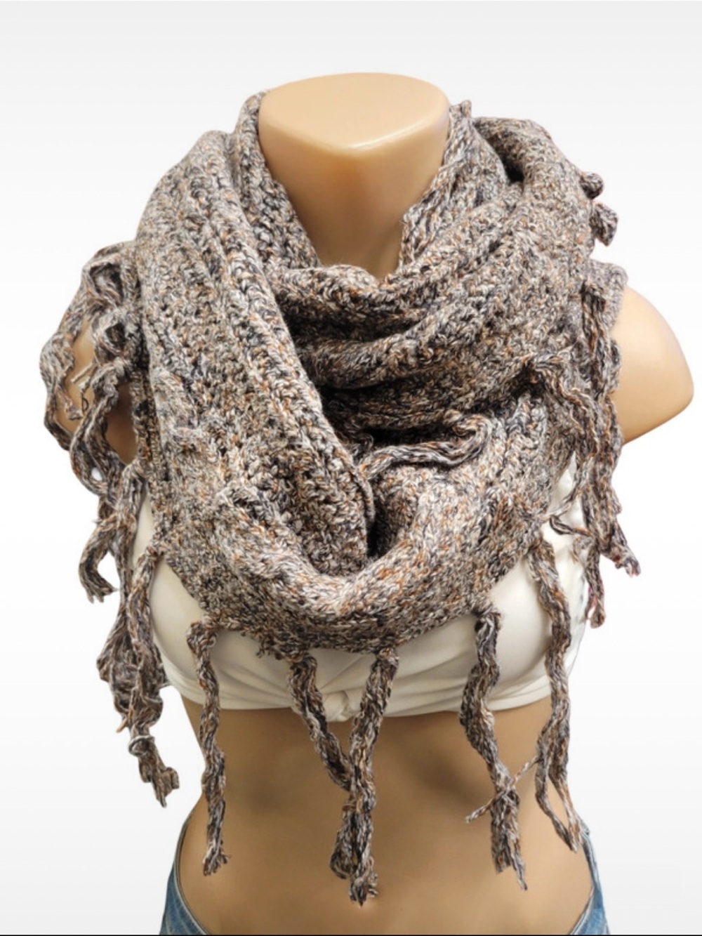 Chunky Multitone Knit Fringe Infinity Scarf - Taupe Multi